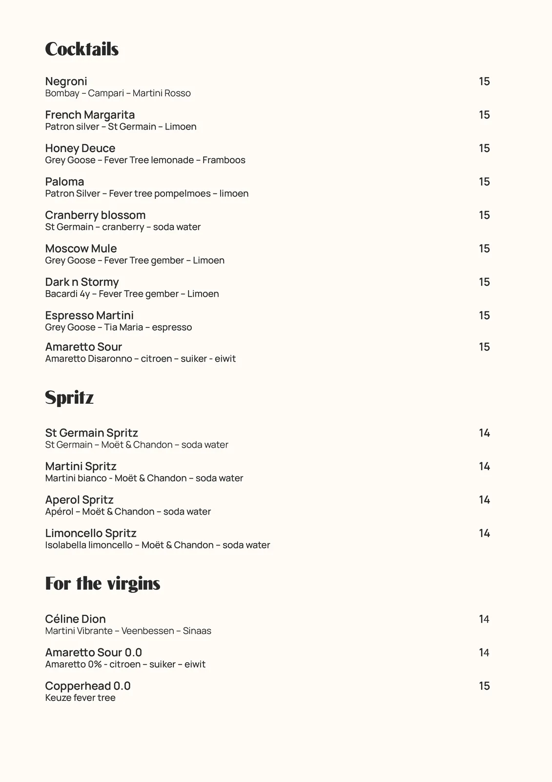Menukaart pagina 3 van 14: Cocktails, Spritz, For the virgins