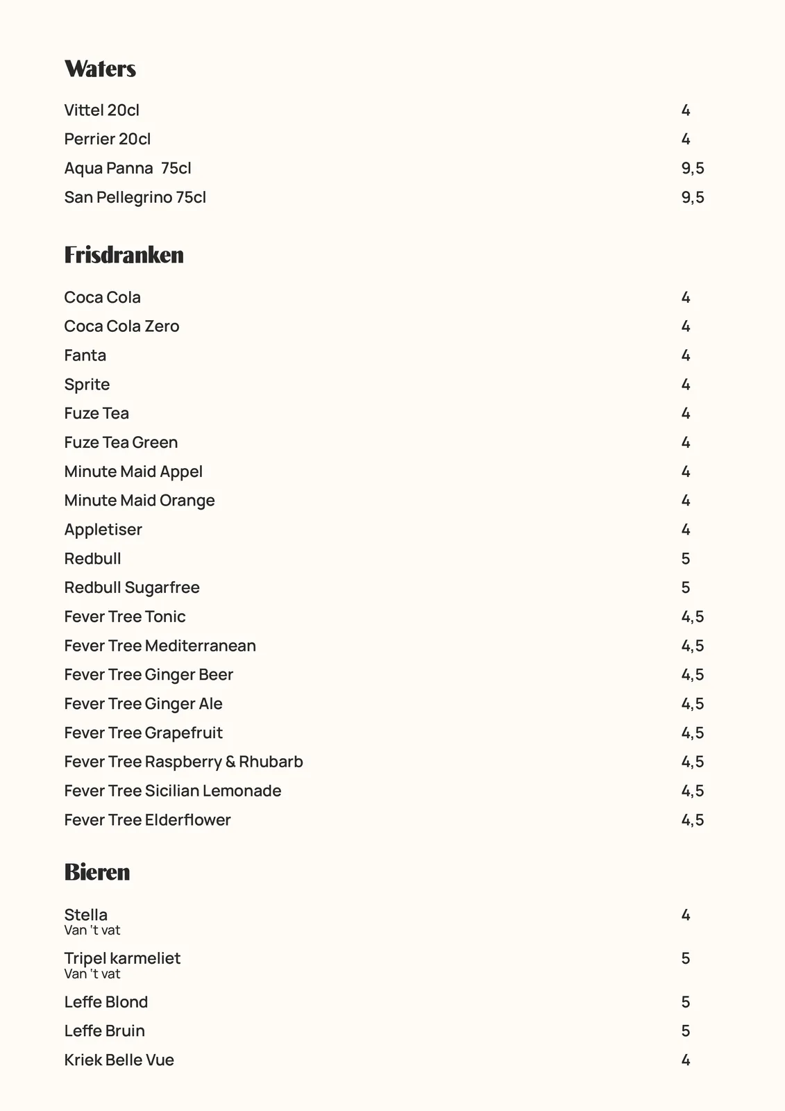 Menukaart pagina 6 van 14: Waters, Frisdranken, Bieren