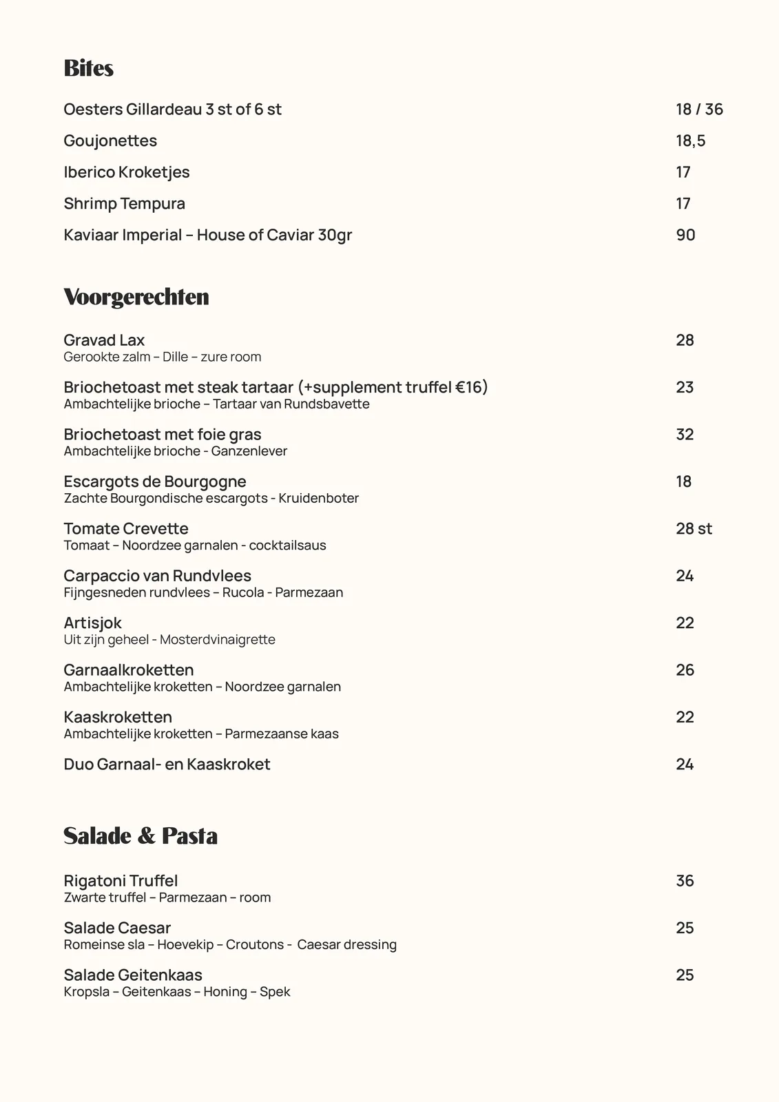 Menukaart pagina 7 van 14: Bites, Voorgerechten, Salade & Pasta