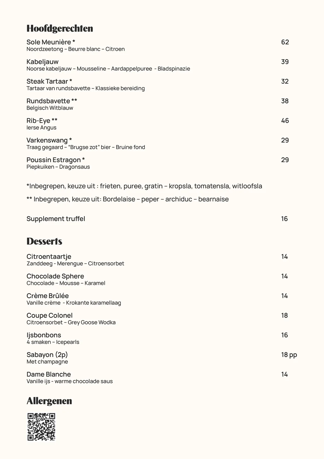 Menukaart pagina 8 van 14: Hoofdgerechten, Desserts, Allergenen