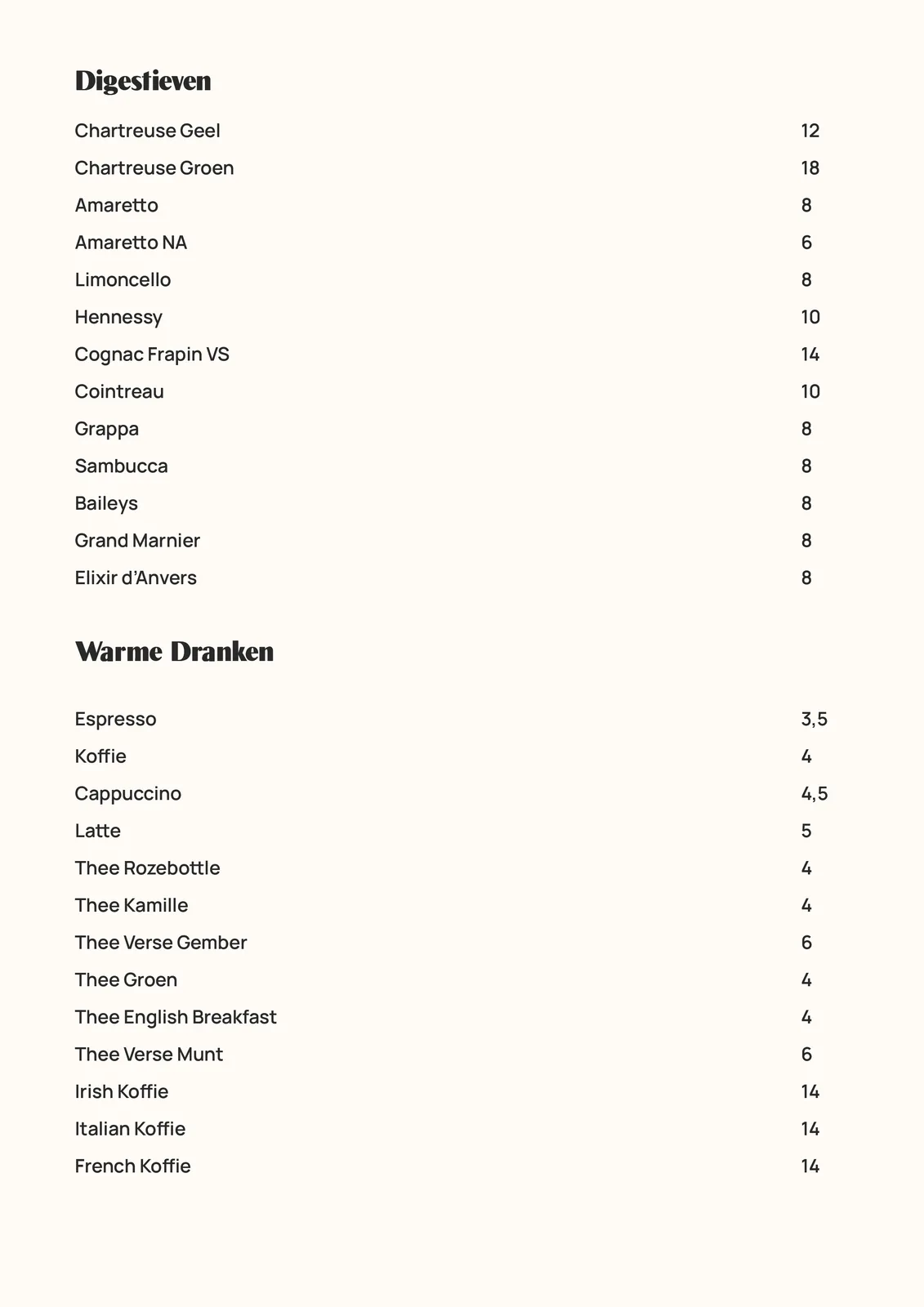 Menukaart pagina 9 van 14: Digestieven, Warme Dranken