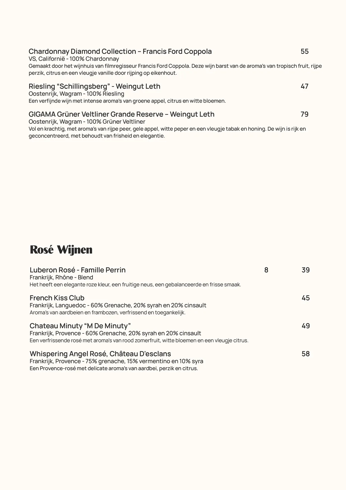 Menukaart pagina 12 van 14: Rosé Wijnen