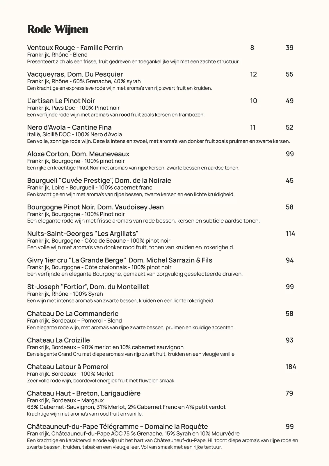 Menukaart pagina 13 van 14: Rode Wijnen